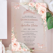 Chic Blush Floral Roos Gold Butterfly Quinceañera Acryl Uitnodigingen