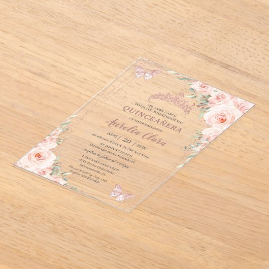 Chic Blush Floral Roos Gold Butterfly Quinceañera Acryl Uitnodigingen (Laagn)