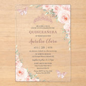 Chic Blush Floral Roos Gold Butterfly Quinceañera Acryl Uitnodigingen (Voorkant)