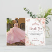 Chic Blush Floral Roos Gold Butterfly Quinceañera Bedankkaart (Staand voorkant)