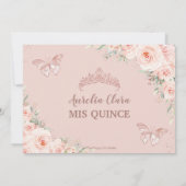 Chic Blush Floral Roos Gold Butterfly Quinceañera Bedankkaart (Achterkant)