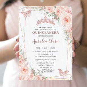 Chic Blush Floral Roos Gold Butterfly Quinceañera Kaart