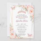 Chic Blush Floral Roos Gold Butterfly Quinceañera Kaart (Voorkant)