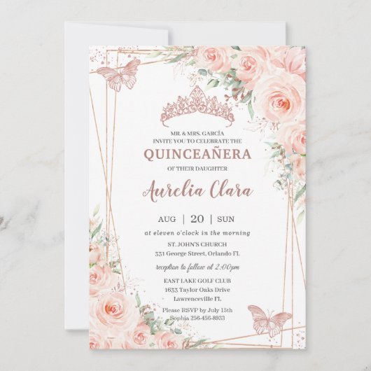 Chic Blush Floral Roos Gold Butterfly Quinceañera Kaart (Voorkant)