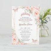 Chic Blush Floral Roos Gold Butterfly Quinceañera Kaart (Staand voorkant)