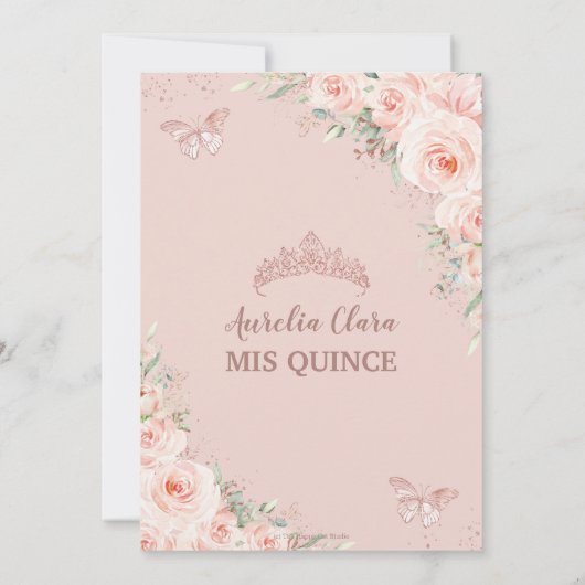 Chic Blush Floral Roos Gold Butterfly Quinceañera Kaart (Achterkant)