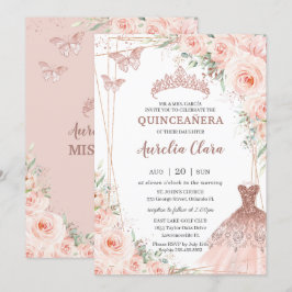 Chic Blush Floral Roos Gold Dress Gown Quinceañera Kaart