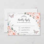 Chic Blush Floral Silver QUINCEAÑERA Butterflies RSVP Kaartje (Voorkant)