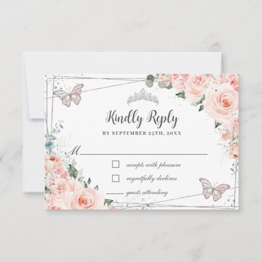 Chic Blush Floral Silver QUINCEAÑERA Butterflies RSVP Kaartje (Voorkant)