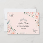 Chic Blush Floral Silver QUINCEAÑERA Butterflies RSVP Kaartje (Achterkant)