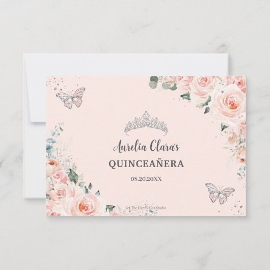 Chic Blush Floral Silver QUINCEAÑERA Butterflies RSVP Kaartje (Achterkant)