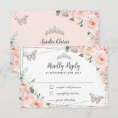 Chic Blush Floral Silver QUINCEAÑERA Butterflies RSVP Kaartje (Voorkant / Achterkant)