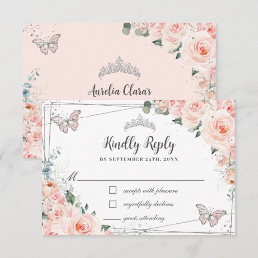 Chic Blush Floral Silver QUINCEAÑERA Butterflies RSVP Kaartje (Voorkant / Achterkant)