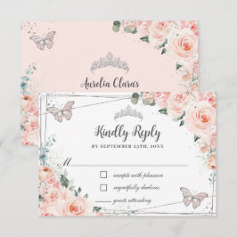 Chic Blush Floral Silver QUINCEAÑERA Butterflies RSVP Kaartje