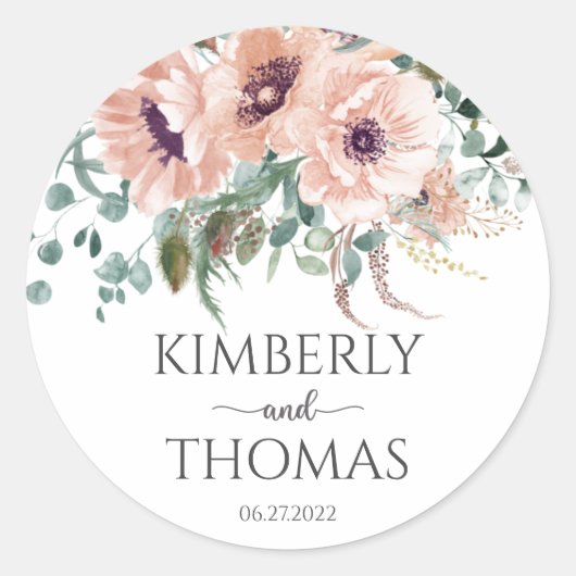 Chic Blush Floral Wedding Ronde Sticker (Voorkant)