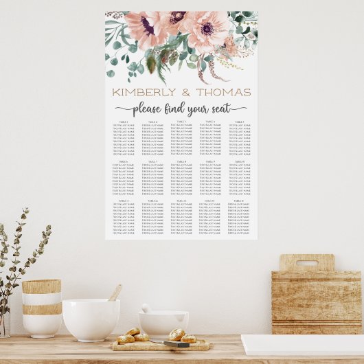 Chic Blush Floral Wedding Seating Chart Poster (Keuken)