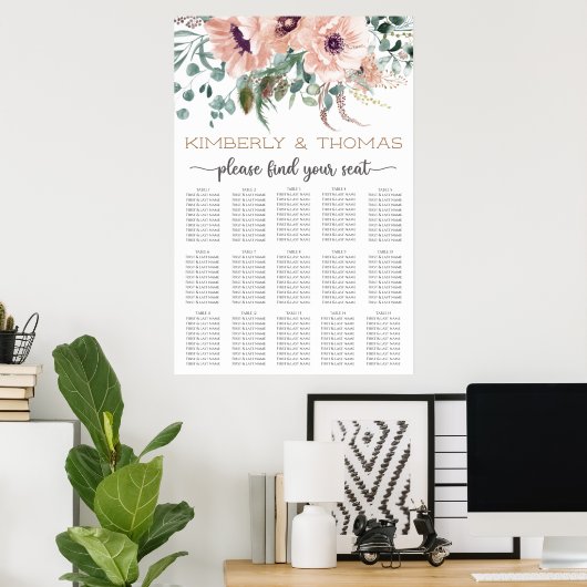 Chic Blush Floral Wedding Seating Chart Poster (Thuiskantoor)