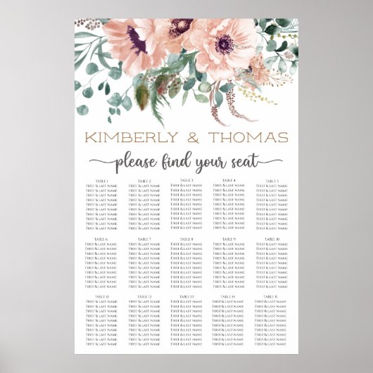 Chic Blush Floral Wedding Seating Chart Poster (Voorkant)