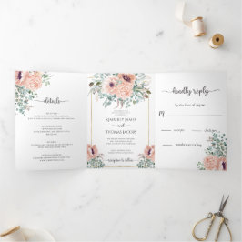 Chic Blush Floral Wedding Tri-Fold Uitnodiging