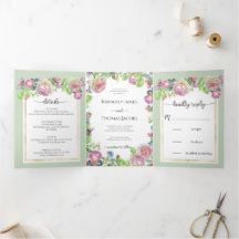 Chic Blush Floral Wedding Tri-Fold Uitnodiging