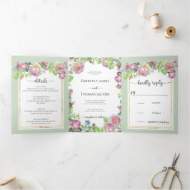 Chic Blush Floral Wedding Tri-Fold Uitnodiging