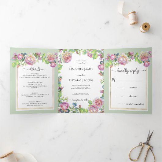 Chic Blush Floral Wedding Tri-Fold Uitnodiging (Binnen)