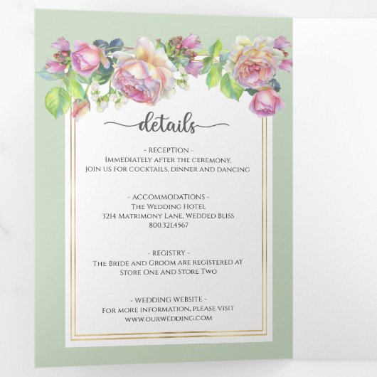 Chic Blush Floral Wedding Tri-Fold Uitnodiging (Binnenzijde eerst)