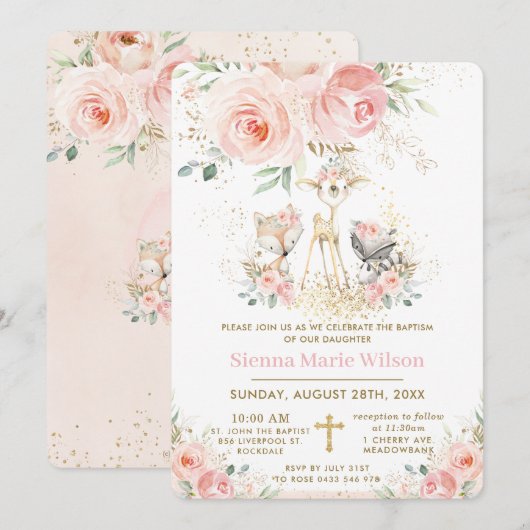 Chic Blush Floral Woodland Baptism Christening Kaart (Voorkant / Achterkant)
