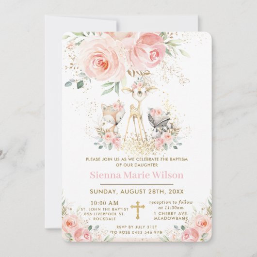 Chic Blush Floral Woodland Baptism Christening Kaart (Voorkant)