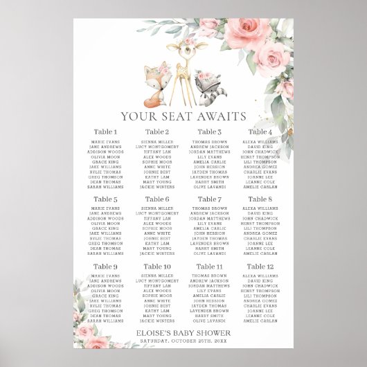 Chic Blush Floral Woodland Greenery Seating Chart Poster (Voorkant)
