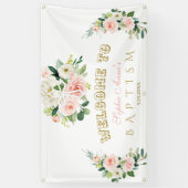 Chic Blush Flowers Girl Baptism Cross Welcome Sign Spandoek (Verticaal)