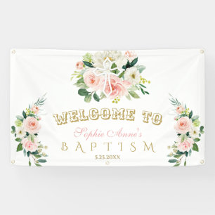 Chic Blush Flowers Girl Baptism Cross Welcome Sign Spandoek
