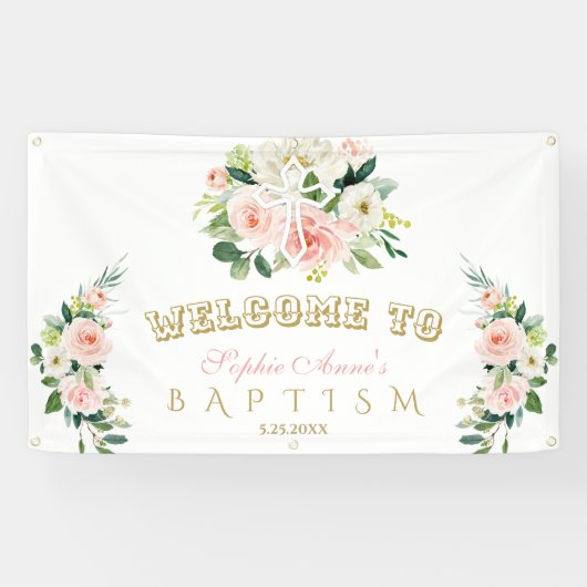 Chic Blush Flowers Girl Baptism Cross Welcome Sign Spandoek (Horizontaal)