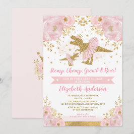 Chic Blush Gold Floral Dinosaur Girl Baby shower Kaart