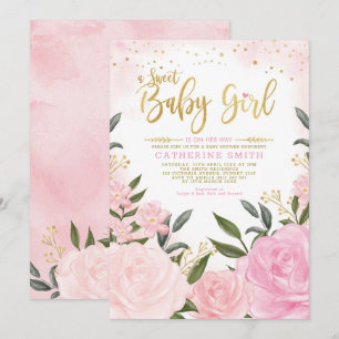 Chic Blush Gold Garden Floral Roos Baby shower Kaart