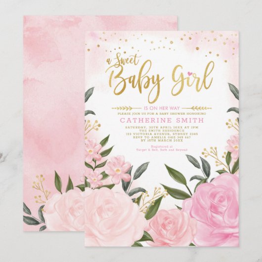 Chic Blush Gold Garden Floral Rozen Baby shower Kaart (Voorkant / Achterkant)