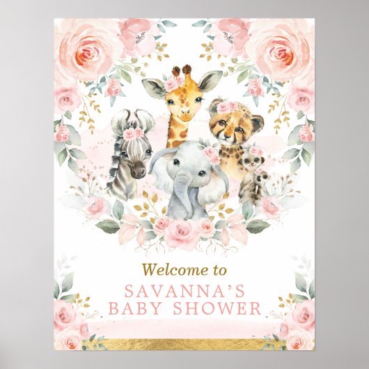 Chic Blush Gold Oerwoud Safari Baby Animals Welkom Poster (Voorkant)