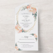Chic Blush Gold Peach Dusty Blue Floral Wedding All In One Uitnodiging (Binnen)