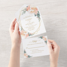 Chic Blush Gold Peach Mint Green Floral Wedding All In One Uitnodiging