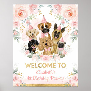 Chic Blush Gold Puppies Pet Dogs Birthday Welkom Poster