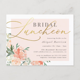 Chic Blush & Gold Script Floral Bridal Luncheon Uitnodiging Briefkaart