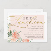 Chic Blush & Gold Script Floral Bridal Luncheon Uitnodiging Briefkaart (Voorkant / Achterkant)