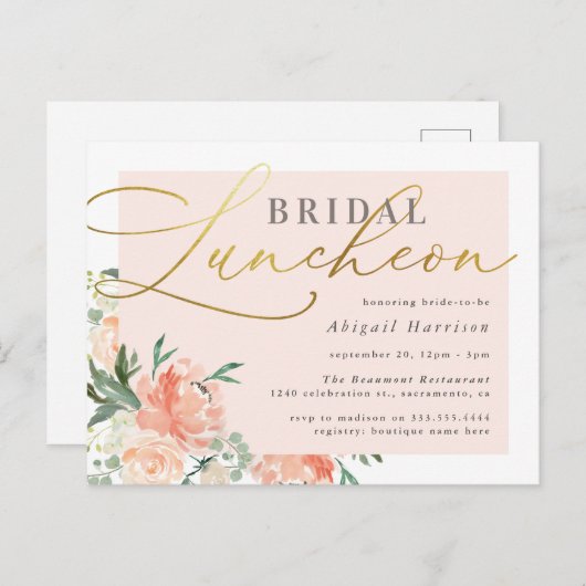 Chic Blush & Gold Script Floral Bridal Luncheon Uitnodiging Briefkaart (Voorkant / Achterkant)