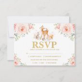 Chic Blush Gold Woodland Floral Baby Animals RSVP Kaart (Voorkant)