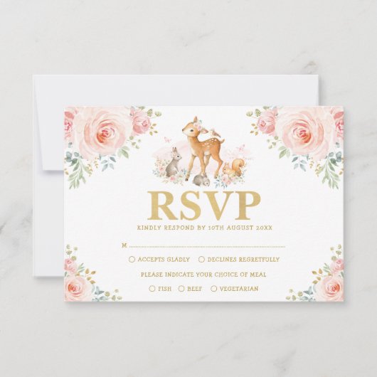Chic Blush Gold Woodland Floral Baby Animals RSVP Kaart (Voorkant)