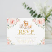 Chic Blush Gold Woodland Floral Baby Animals RSVP Kaart (Staand voorkant)