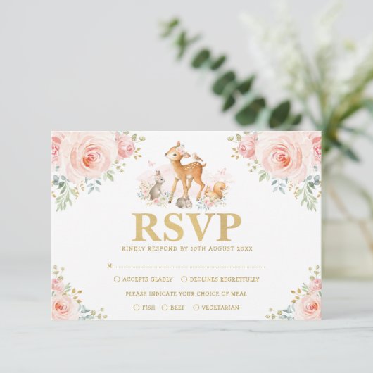 Chic Blush Gold Woodland Floral Baby Animals RSVP Kaart (Staand voorkant)