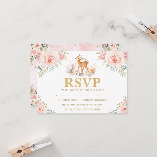 Chic Blush Gold Woodland Floral Baby Animals RSVP Kaart (Voorkant / Achterkant in situ)