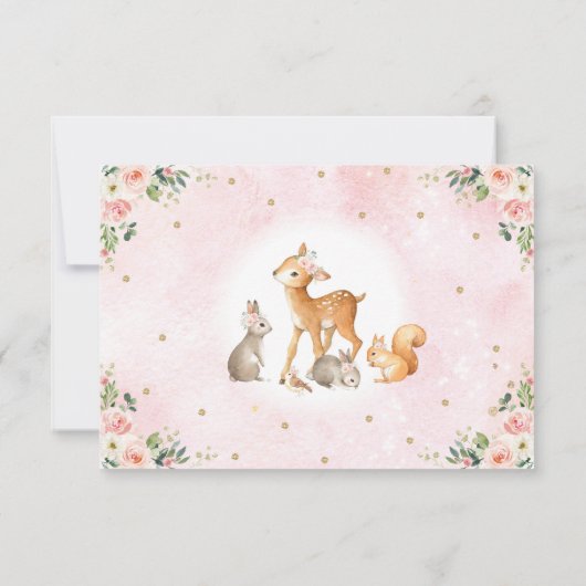 Chic Blush Gold Woodland Floral Baby Animals RSVP Kaart (Achterkant)