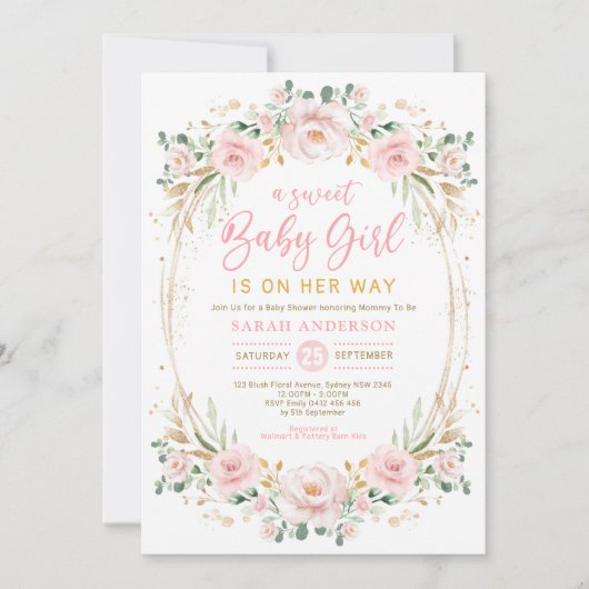 Chic Blush Goud Roze Bloemen Sweet Baby Meisje Dou Kaart (Voorkant)